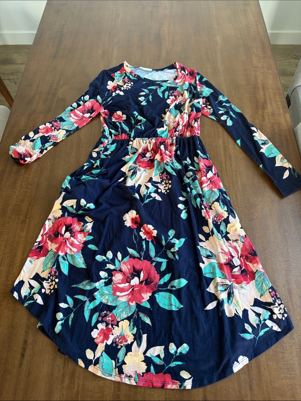 Navy Floral Long-Sleeve Midi Dress - Women's